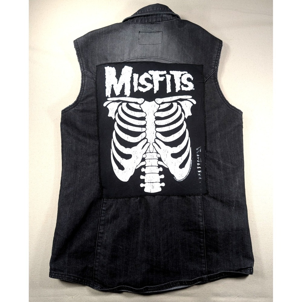 MISFITS Custom Studded Denim Battle Vest - Patch Punk Rock Sleeveless Size S